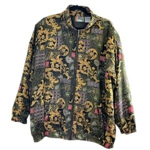 EVR DIV Rousso Jacket Women 2X Green Floral Silk Regal Retro Neutral 80s Granny